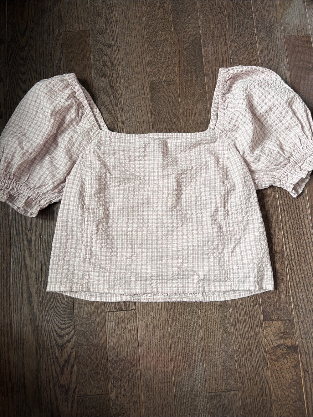 Madewell Pink Gingham Square-Neck Puff Sleeve Top